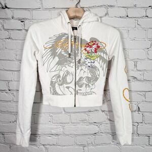 Ed Hardy Cropped Hoodie Women's Size M White Tiger Rose Full Zip EHWS1014-4